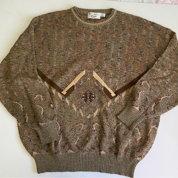 Vintage Grandpa Sweater Pull Over Crewneck Mohair Wool Suede Details